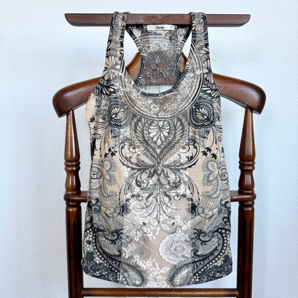 Papaya Boho Paisley Y2K Mesh Back Racerback Tank Top Women’s USA Festival